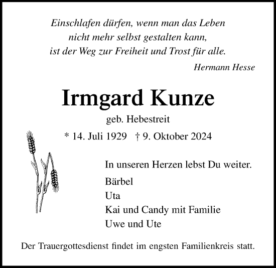 Traueranzeige von Irmgard Kunze von Giessener Allgemeine, Giessener Anzeiger, Alsfelder Allgemeine