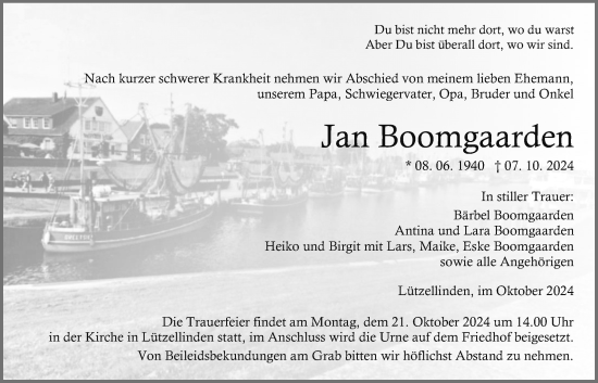 Traueranzeige von Jan Boomgaarden von Giessener Allgemeine, Alsfelder Allgemeine