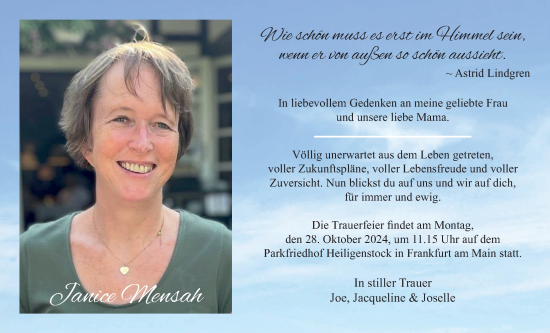 Traueranzeige von Janice Mensah von Bad Vilbel/Karben