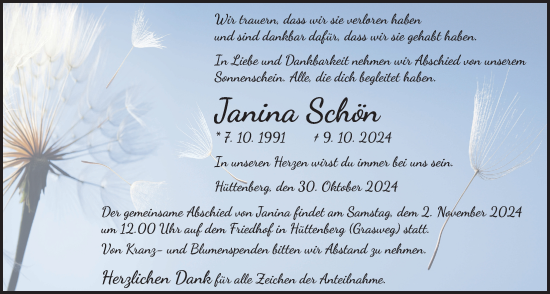 Traueranzeige von Janina Schön von Giessener Allgemeine, Alsfelder Allgemeine