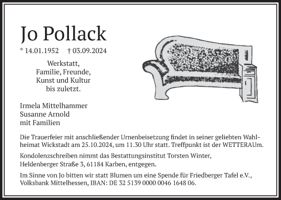 Traueranzeige von Jo Pollack von Wetterauer Zeitung