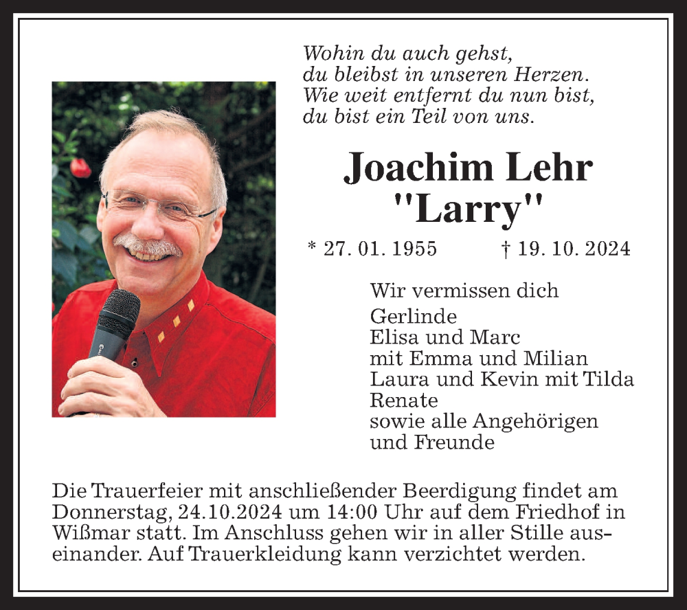  Traueranzeige für Joachim Lehr vom 22.10.2024 aus Giessener Anzeiger