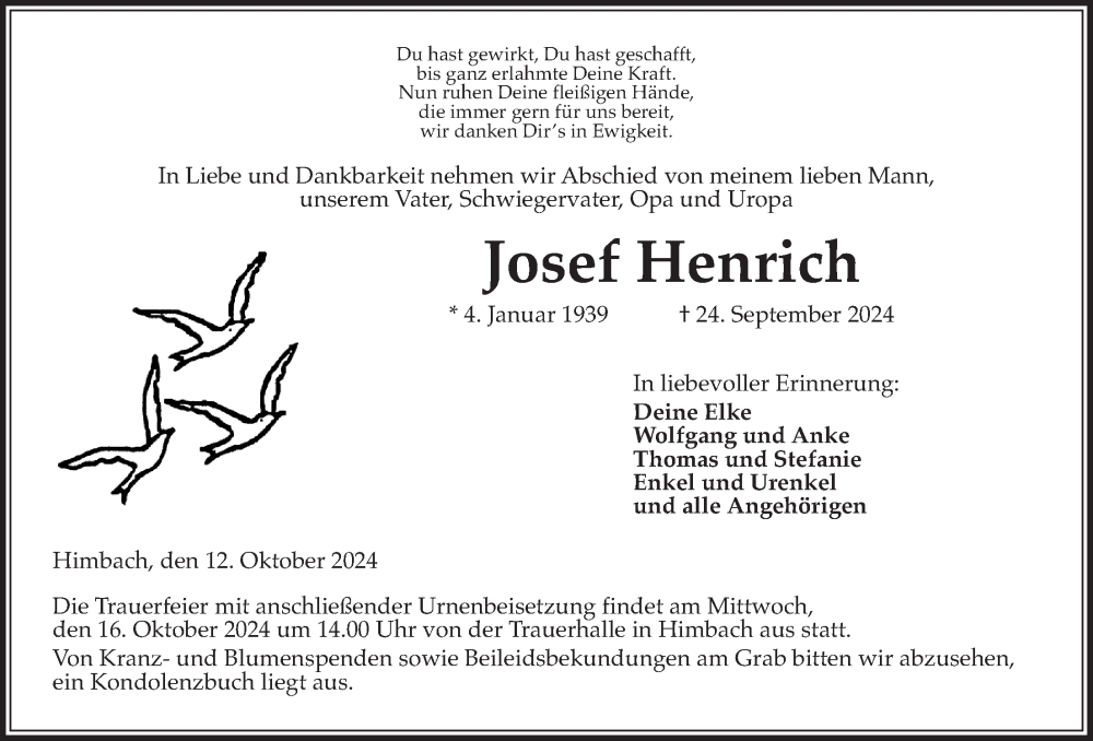  Traueranzeige für Josef Henrich vom 12.10.2024 aus Kreis-Anzeiger