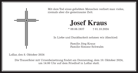 Traueranzeige von Josef Kraus von Giessener Allgemeine, Alsfelder Allgemeine, Giessener Anzeiger