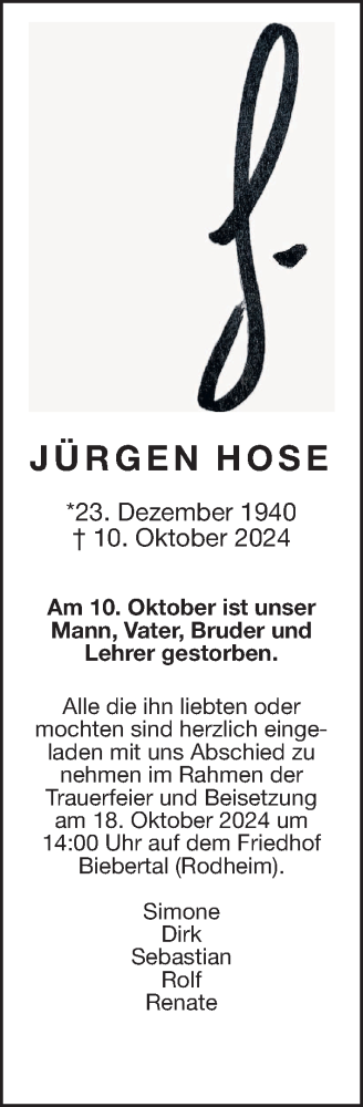  Traueranzeige für Jürgen Hose vom 12.10.2024 aus Giessener Allgemeine, Alsfelder Allgemeine, Giessener Anzeiger