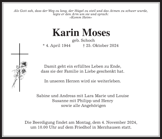Traueranzeige von Karin Moses von Usinger Anzeiger