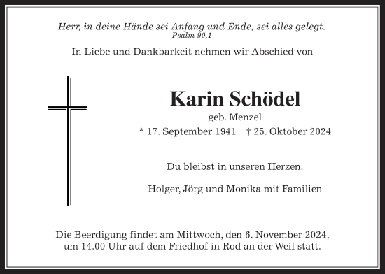 Traueranzeige von Karin Schödel von Usinger Anzeiger