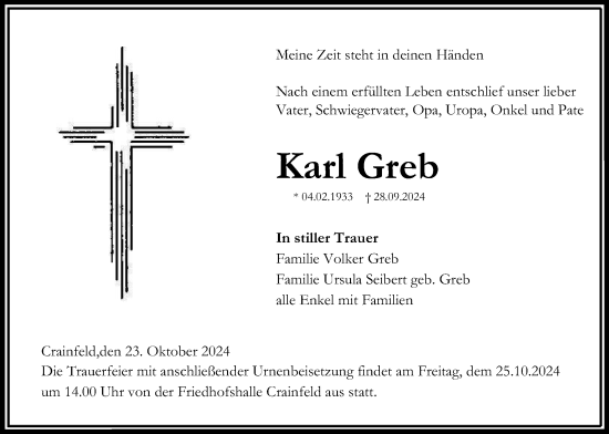 Traueranzeige von Karl Greb von Lauterbacher Anzeiger