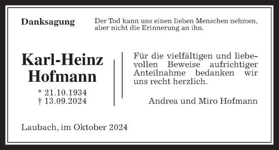 Traueranzeige von Karl-Heinz Hofmann von Laubacher Anzeiger