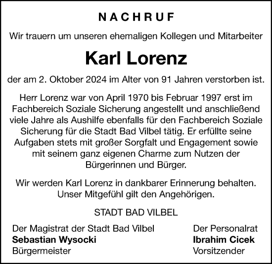 Traueranzeige von Karl Lorenz von Bad Vilbel/Karben