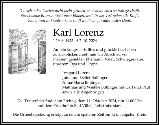 Traueranzeige von Karl Lorenz von Bad Vilbel/Karben