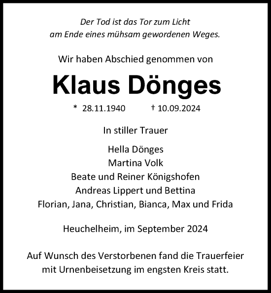 Traueranzeige von Klaus Dönges von Giessener Anzeiger