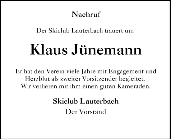 Traueranzeige von Klaus Jünemann von Lauterbacher Anzeiger
