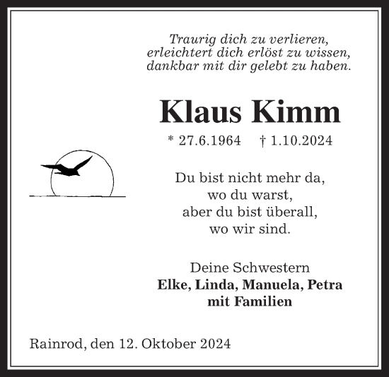 Traueranzeige von Klaus Kimm von Oberhessische Zeitung