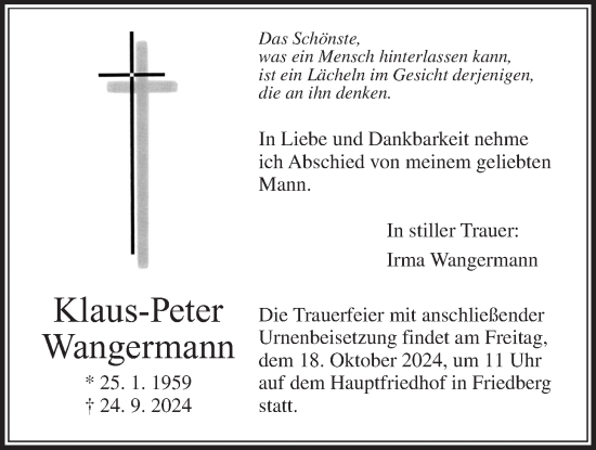Traueranzeige von Klaus-Peter Wangermann von Wetterauer Zeitung