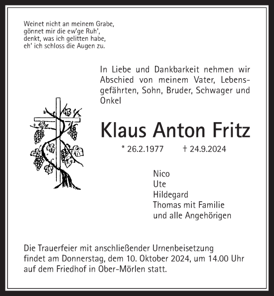 Traueranzeige von Klaus Anton Fritz von Wetterauer Zeitung