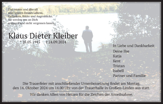 Traueranzeige von Klaus Dieter Kleiber von Giessener Allgemeine, Alsfelder Allgemeine, Giessener Anzeiger