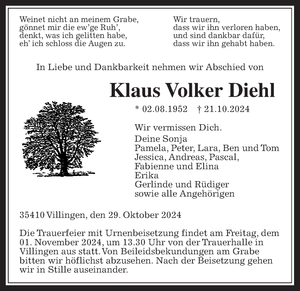  Traueranzeige für Klaus Volker Diehl vom 29.10.2024 aus Giessener Allgemeine, Alsfelder Allgemeine