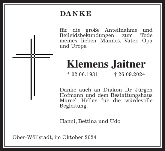 Traueranzeige von Klemens Jaitner von Wetterauer Zeitung