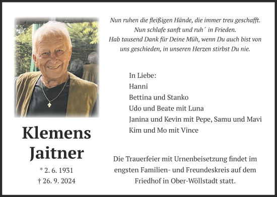 Traueranzeige von Klemens Jaitner von Wetterauer Zeitung