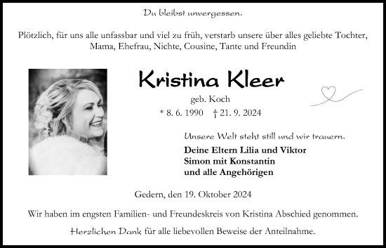 Traueranzeige von Kristina Kleer von Kreis-Anzeiger