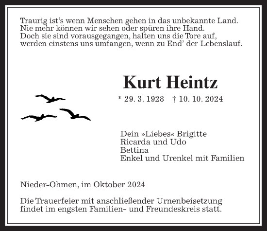 Traueranzeige von Kurt Heintz von Mücker Stimme