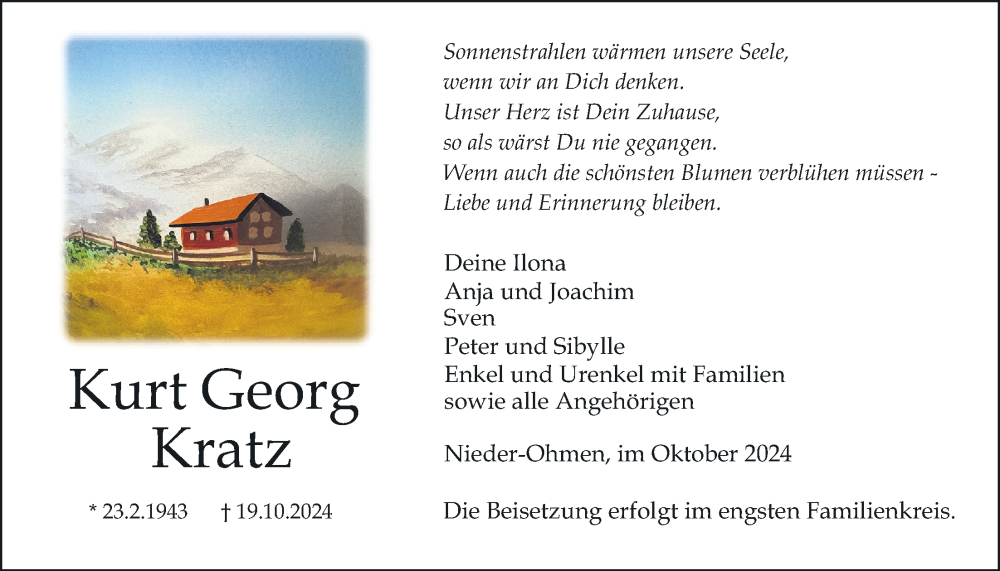  Traueranzeige für Kurt Georg Kratz vom 24.10.2024 aus Mücker Stimme