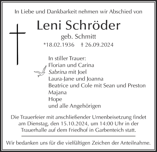 Traueranzeige von Leni Schröder von Giessener Allgemeine, Alsfelder Allgemeine, Giessener Anzeiger