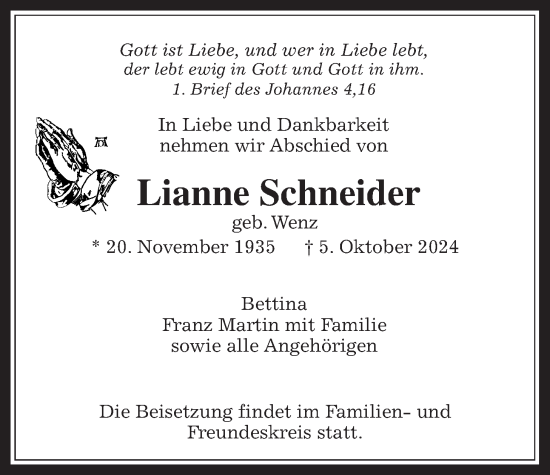 Traueranzeige von Lianne Schneider von Usinger Anzeiger