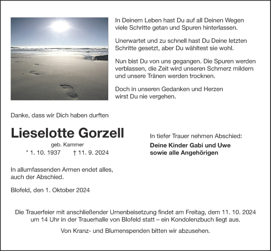Traueranzeige von Lieselotte Gorzell von Wetterauer Zeitung, Giessener Allgemeine, Alsfelder Allgemeine