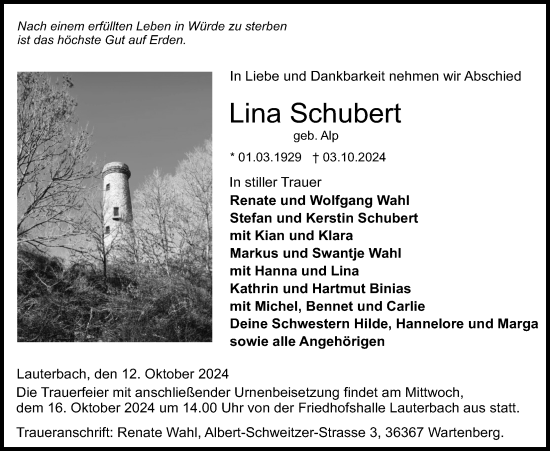 Traueranzeige von Lina Schubert von Lauterbacher Anzeiger