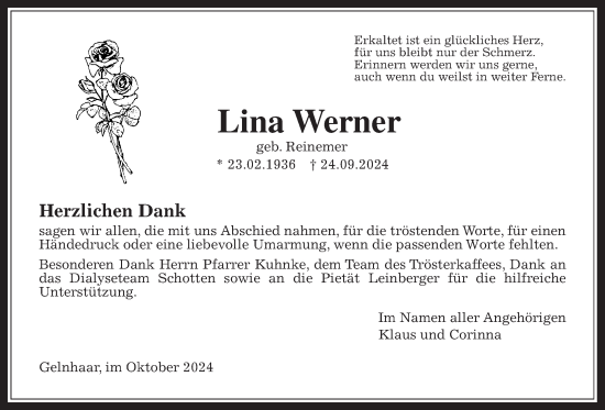 Traueranzeige von Lina Werner von Kreis-Anzeiger