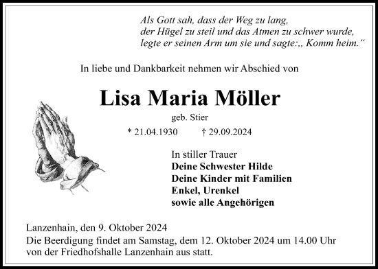 Traueranzeige von Lisa Maria Möller von Lauterbacher Anzeiger