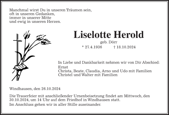 Traueranzeige von Liselotte Herold von Oberhessische Zeitung