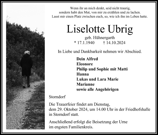 Traueranzeige von Liselotte Ubrig von Oberhessische Zeitung