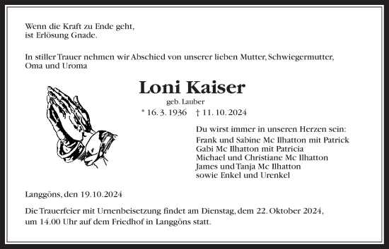 Traueranzeige von Loni Kaiser von Giessener Allgemeine, Alsfelder Allgemeine