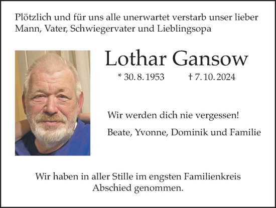 Traueranzeige von Lothar Gansow von Giessener Allgemeine, Alsfelder Allgemeine