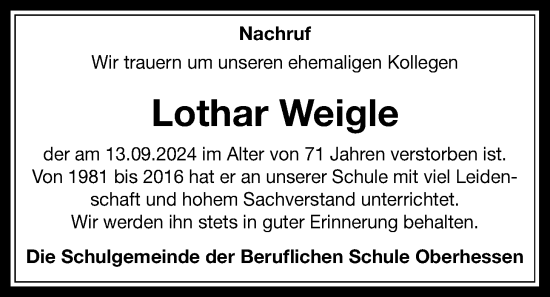 Traueranzeige von Lothar Weigle von Kreis-Anzeiger