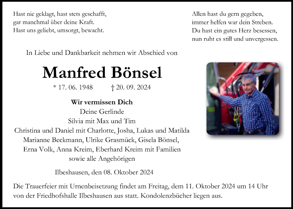  Traueranzeige für Manfred Bönsel vom 08.10.2024 aus Lauterbacher Anzeiger