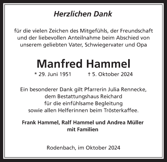 Traueranzeige von Manfred Hammel von Kreis-Anzeiger