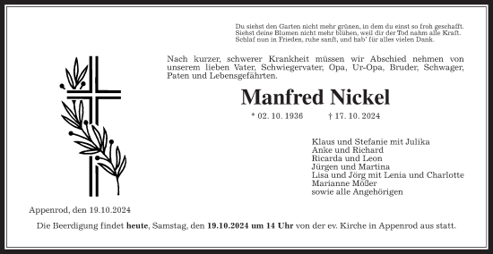 Traueranzeige von Manfred Nickel von Oberhessische Zeitung, Alsfelder Allgemeine