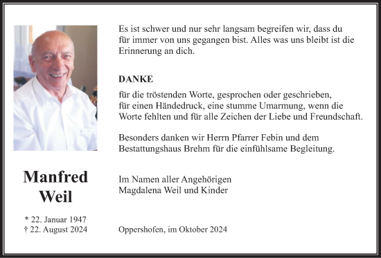 Traueranzeige von Manfred Weil von Wetterauer Zeitung, Butzbacher Zeitung