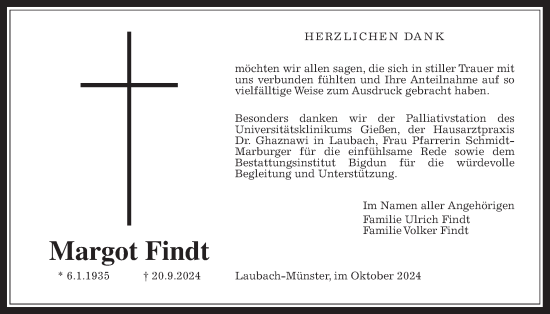 Traueranzeige von Margot Findt von Licher Wochenblatt