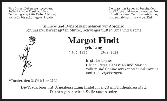 Traueranzeige von Margot Findt von Licher Wochenblatt