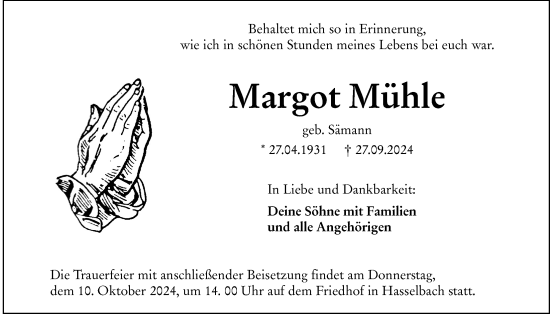 Traueranzeige von Margot Mühle von Usinger Anzeigenblatt