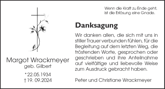 Traueranzeige von Margot Wrackmeyer von Giessener Allgemeine, Alsfelder Allgemeine