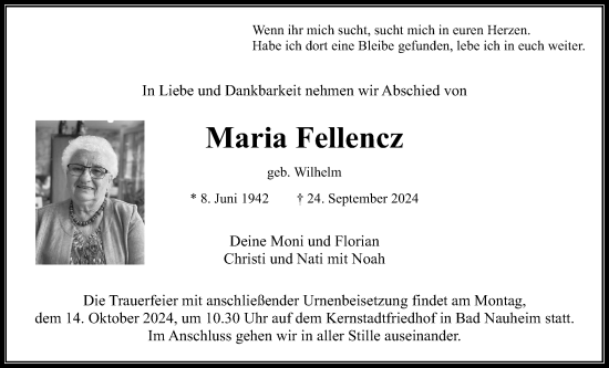 Traueranzeige von Maria Fellencz von Wetterauer Zeitung