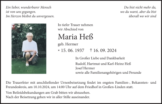 Traueranzeige von Maria Heß von Giessener Allgemeine, Alsfelder Allgemeine, Giessener Anzeiger