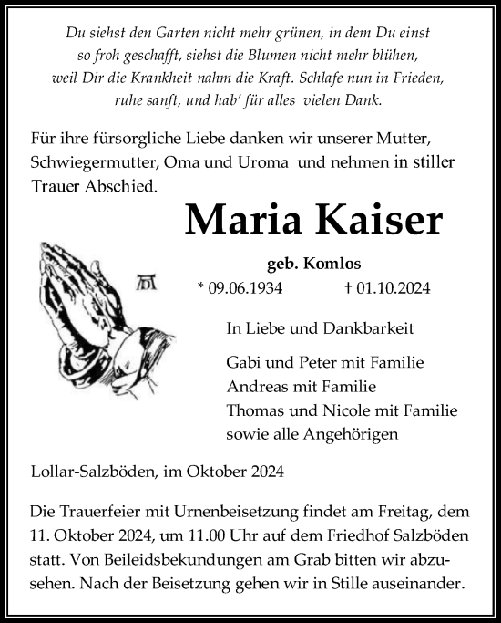 Traueranzeige von Maria Kaiser von Giessener Allgemeine, Alsfelder Allgemeine