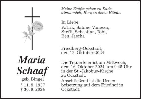 Traueranzeige von Maria Schaaf von Wetterauer Zeitung